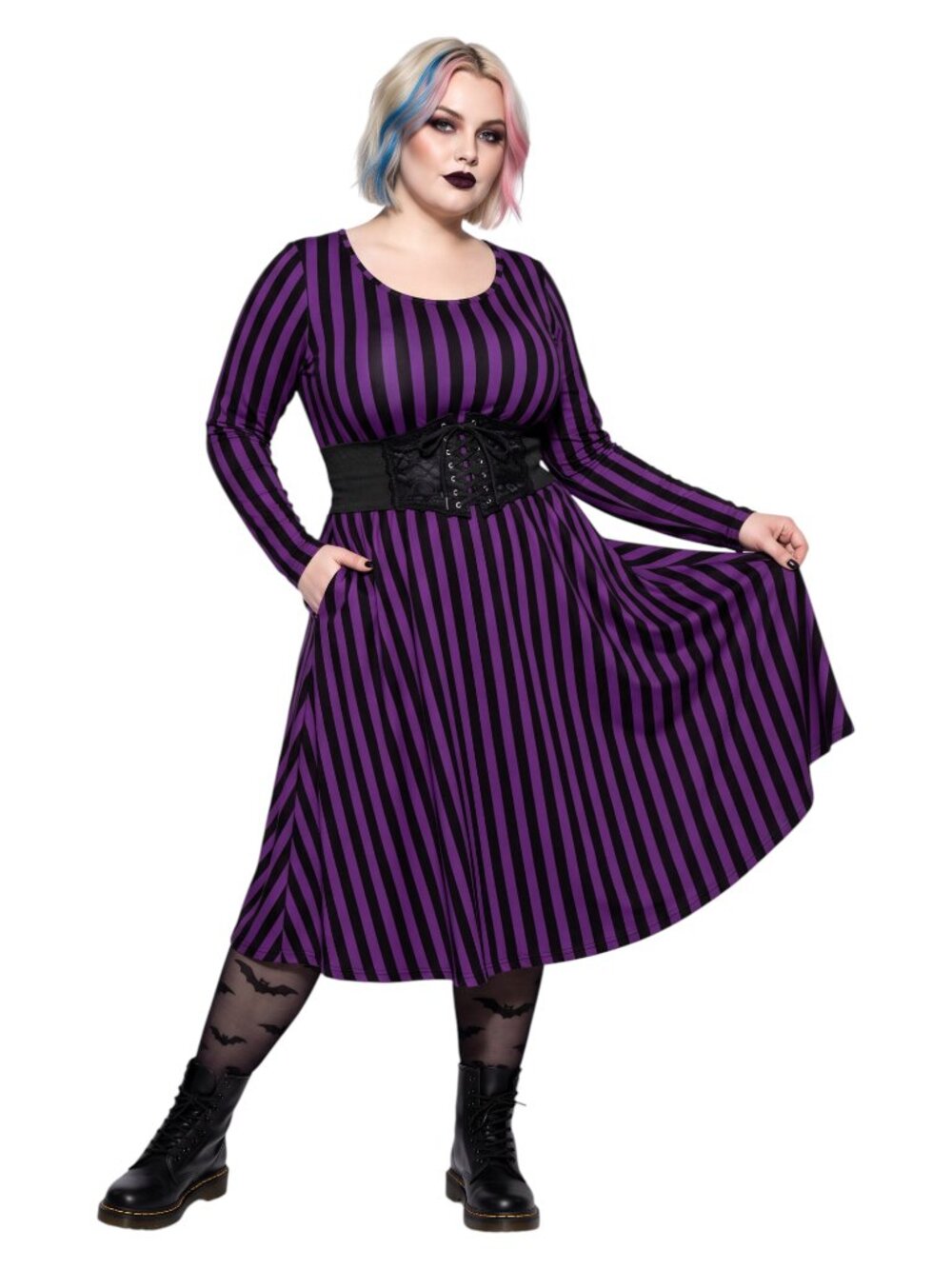 Gothic Plus Size Purple Striped Long Sleeve Dress with Pockets
